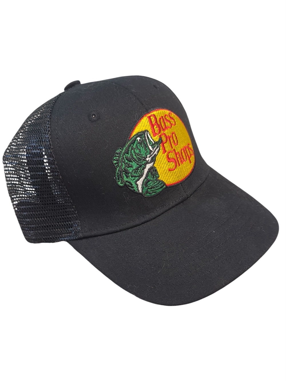 Bass Pro Shops Black Cap with Yellow Oval Logo and Green Fish